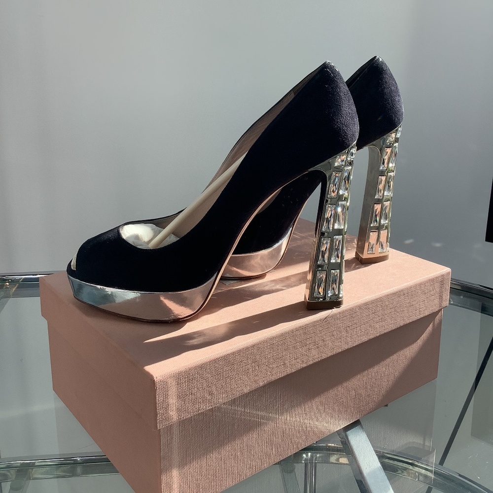 Miu Miu Navy Blue Open Toe Diamond Heels